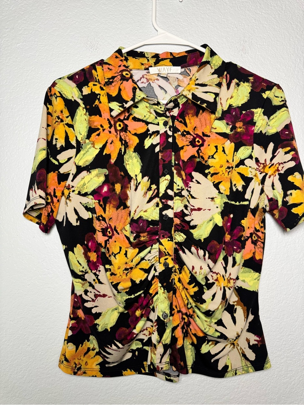 Wayf Black Floral Button-Front Short Sleeve Shirt 70s style